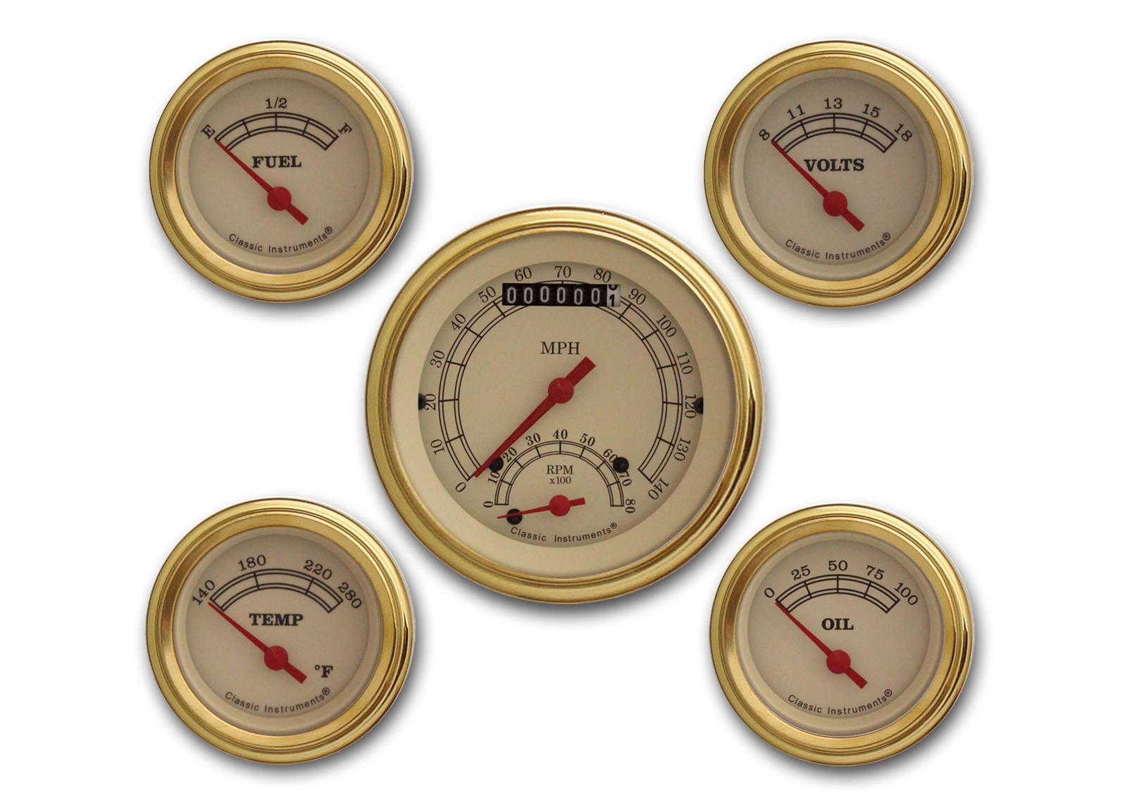 Classic Instruments Vintage Series Gauge Sets VT35GLF Gauge, Vintage, Analog, Electronic, Speedo, Tach, Oil, Water, Volt, Fuel, 3 3/8 in/2 1/8, Cream Face/Gold