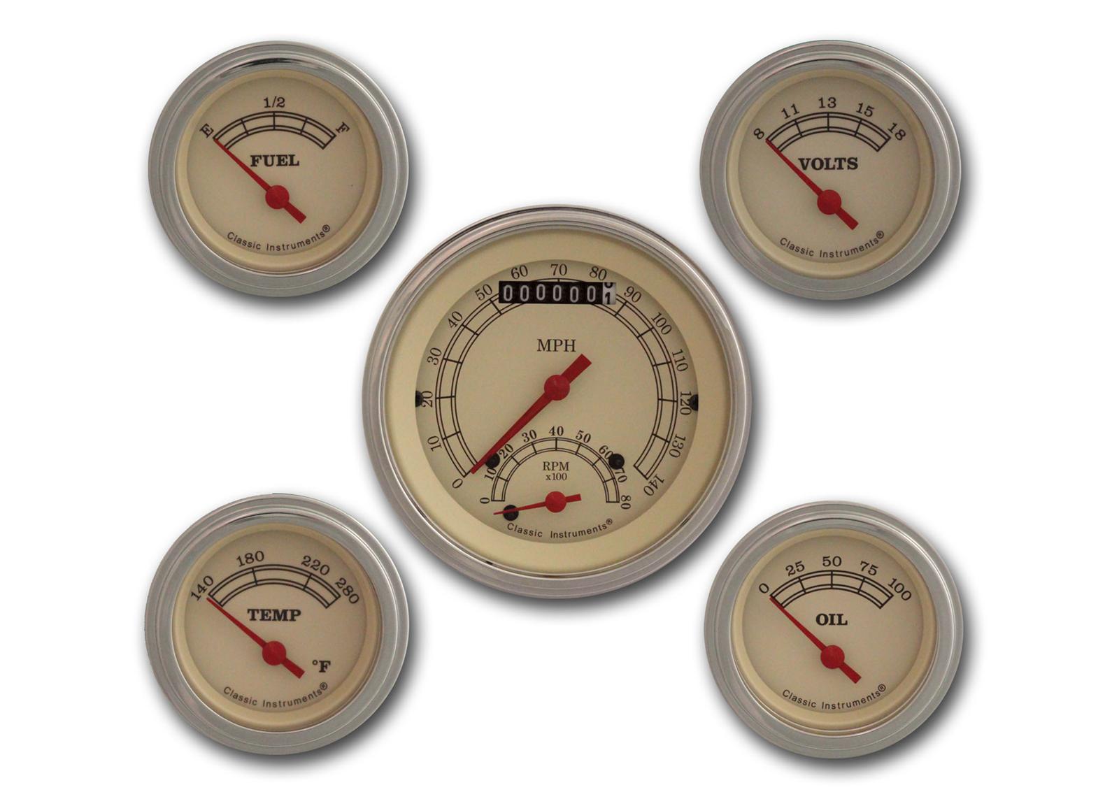 Classic Instruments Vintage Series Gauge Sets VT35SLF Gauges, Vintage, Speedometer, Tach, Water Temperature, Oil Pressure, Fuel Level, Cream Face, Analog, Set of 5