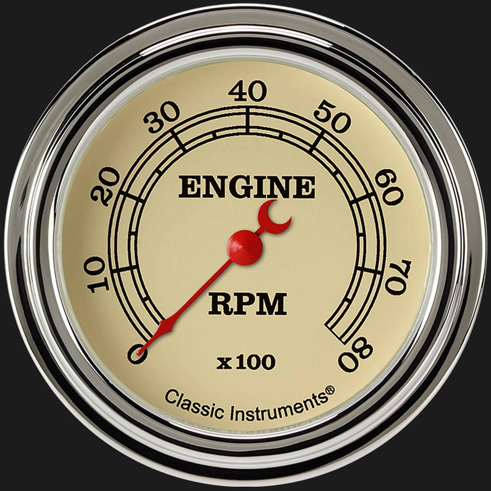 Classic Instruments Vintage Series Tachometers VT383SLF Tachometer, Vintage, Cream Face, Black Numbers, Red Pointer, 0-8,000 rpm, 2 5/8 in., Analog, Electrical, Flat Lens, Each