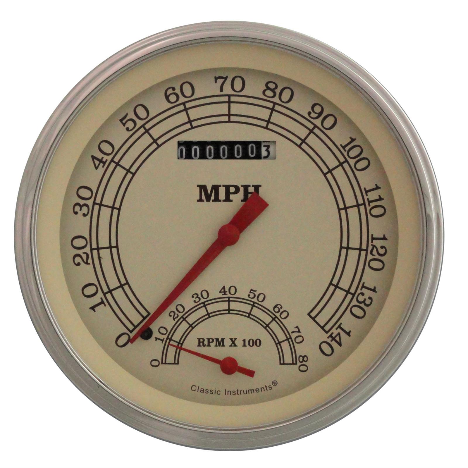 Classic Instruments Vintage Series Gauge Sets VT50SLC Gauge, Vintage, Analog, Electronic, Speedometer, Tachometer, 5 in. Diameter, Cream Face, Polished Bezel, Each
