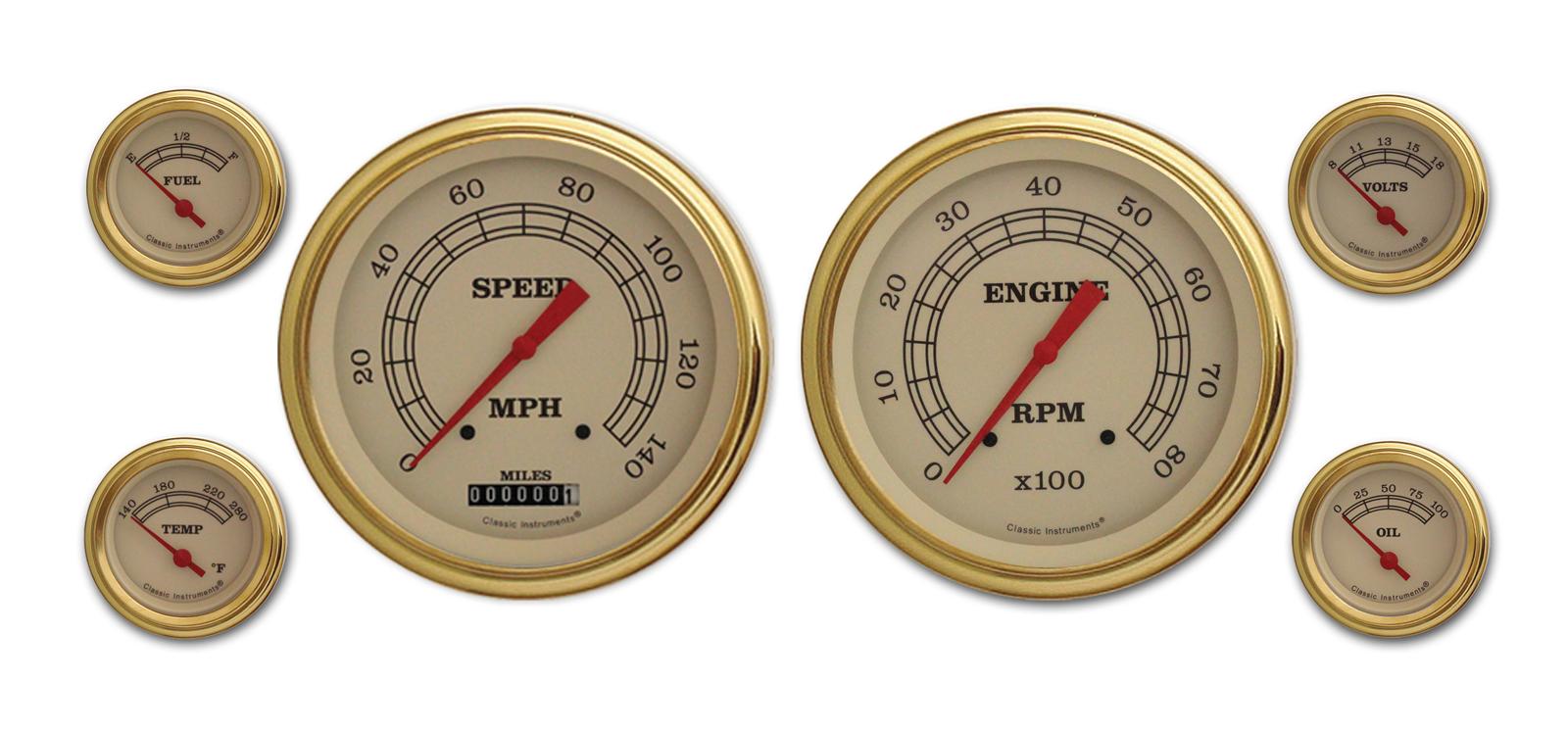 Classic Instruments Vintage Series Gauge Sets VT51GLC Gauge, Vintage, Analog, Electronic, Speedo, Tach, Fuel, Oil, Volt, Water, 5/2 1/8 in., Cream Face, Gold Bezel