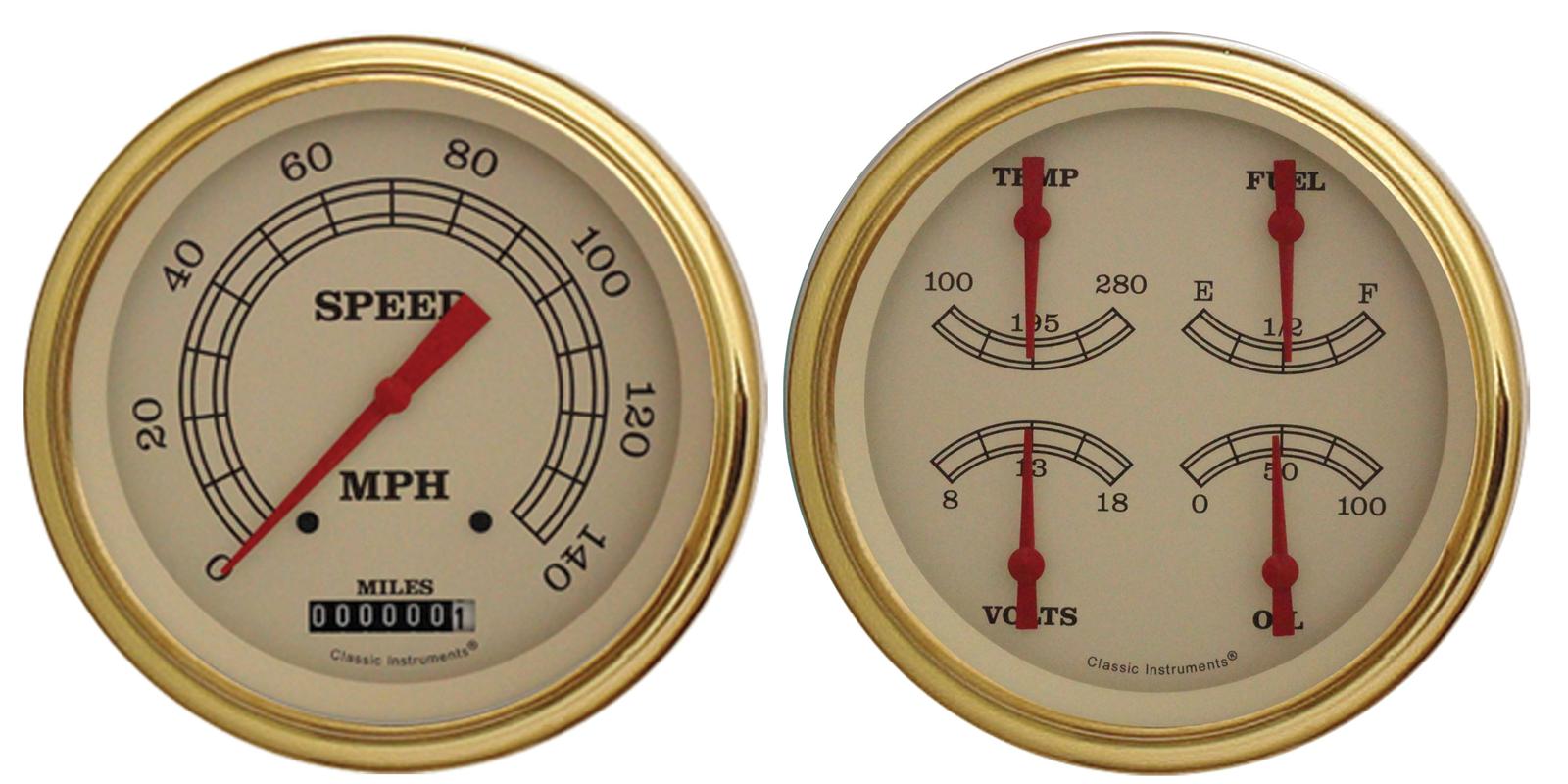 Classic Instruments Vintage Series Gauge Sets VT52GLC Set, Series, Analog, Electronic, Cream Face, Red Pointer, Gold Bezel, Kit