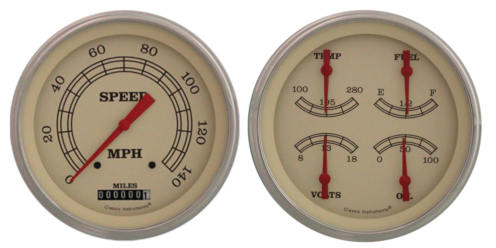Classic Instruments Vintage Series Gauge Sets VT52SLF Gauges, Series, Speedometer, Water Temperature, Oil Pressure, Fuel Level, Cream Face, Analog, Pair