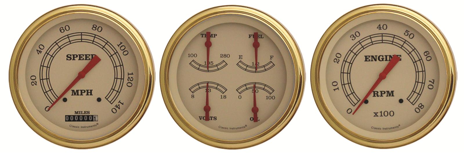 Classic Instruments Vintage Series Gauge Sets VT53GLF Gauge, Vintage, Analog, Electronic, Speedo, Tach, Fuel, Oil, Volt, Water, 5 in., Cream Face/Gold Bezel, Set 3