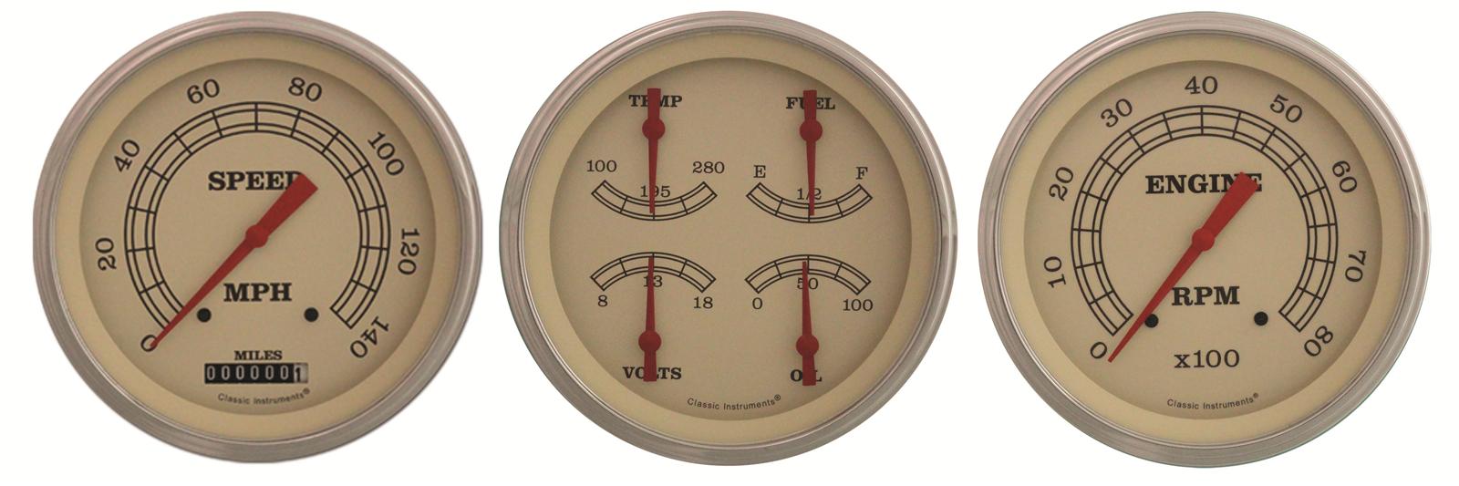 Classic Instruments Vintage Series Gauge Sets VT53SLF Gauge, Vintage, Analog, Electronic, Speedo, Tach, Fuel, Oil, Volt, Water, 5 in., Cream Face/Polished Bezel