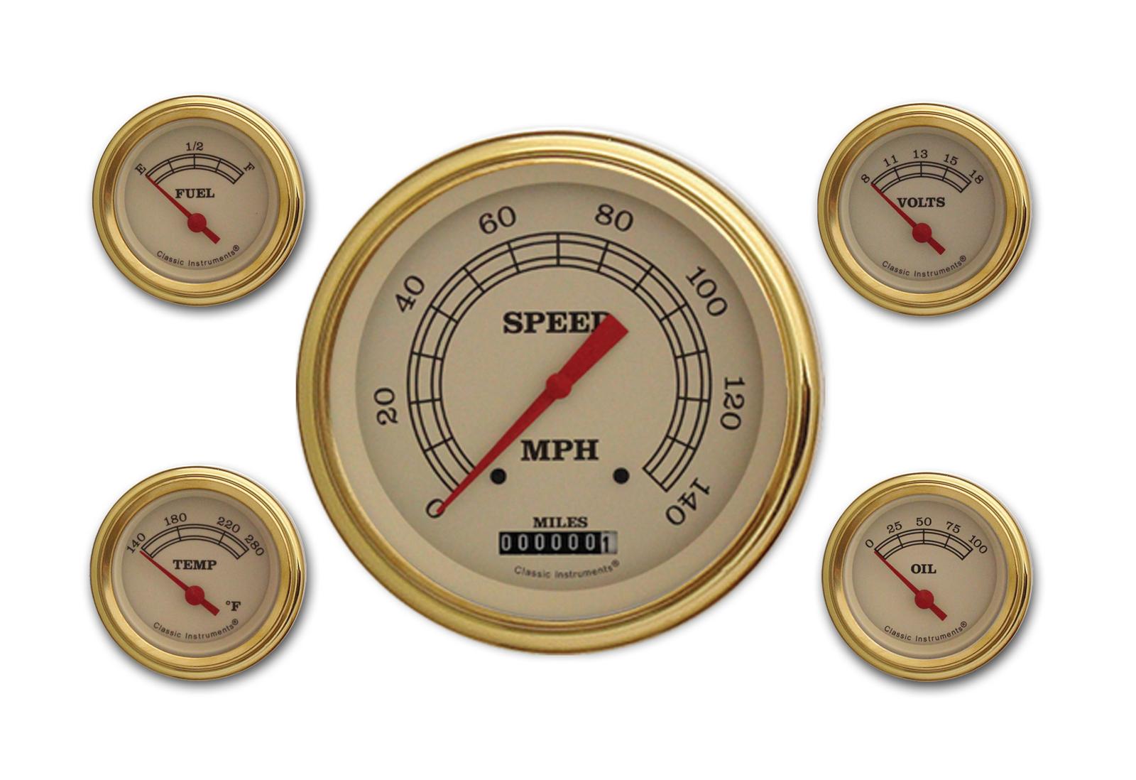 Classic Instruments Vintage Series Gauge Sets VT54GLF Gauge, Vintage, Analog, Electronic, Speedometer, Fuel, Oil, Volt, Water, 5 / 2 1/8 in., Cream Face/Gold Bezel