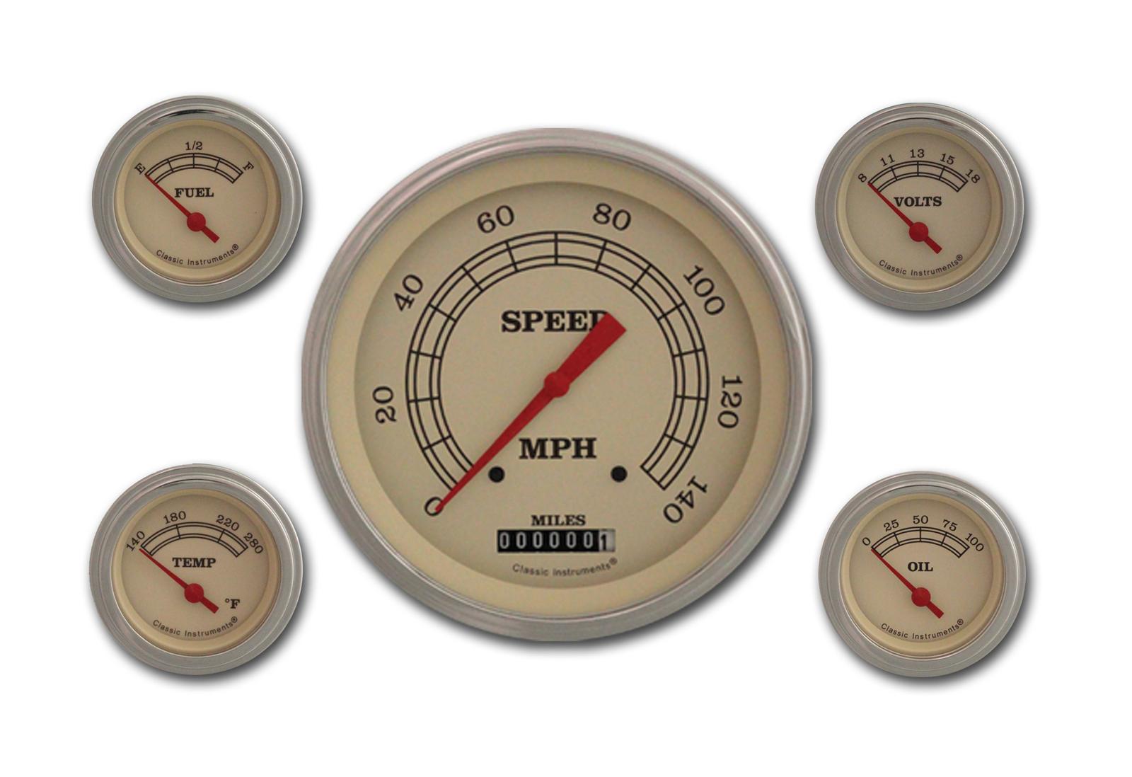 Classic Instruments Vintage Series Gauge Sets VT54SLC Gauge, Vintage, Analog, Electronic, Speedometer, Fuel, Oil, Volt, Water, 5 / 2 1/8 in., Cream Face/Polished
