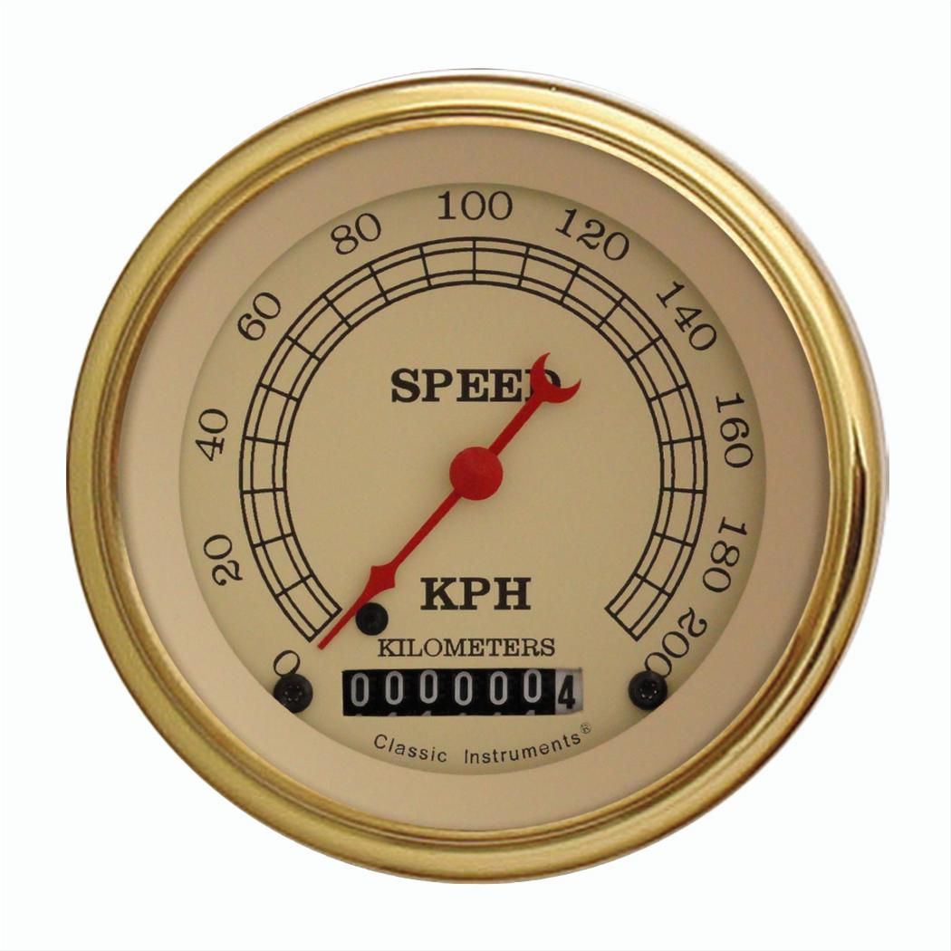Classic Instruments Vintage Series Speedometers VT59GLF Speedometer, Series, 3 3/8 in. Diameter, 0-200 kph, Analog, Electrical, Flat Face, Each