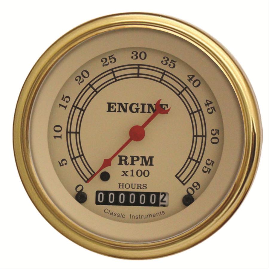Classic Instruments Vintage Series Tachometers VT60HGLC Gauges, Tachometers, 0-6,000 rpm, Analog, Electronic, 3 3/8 in., Tan Face, Brown Numbers, Gold Bezel, Each