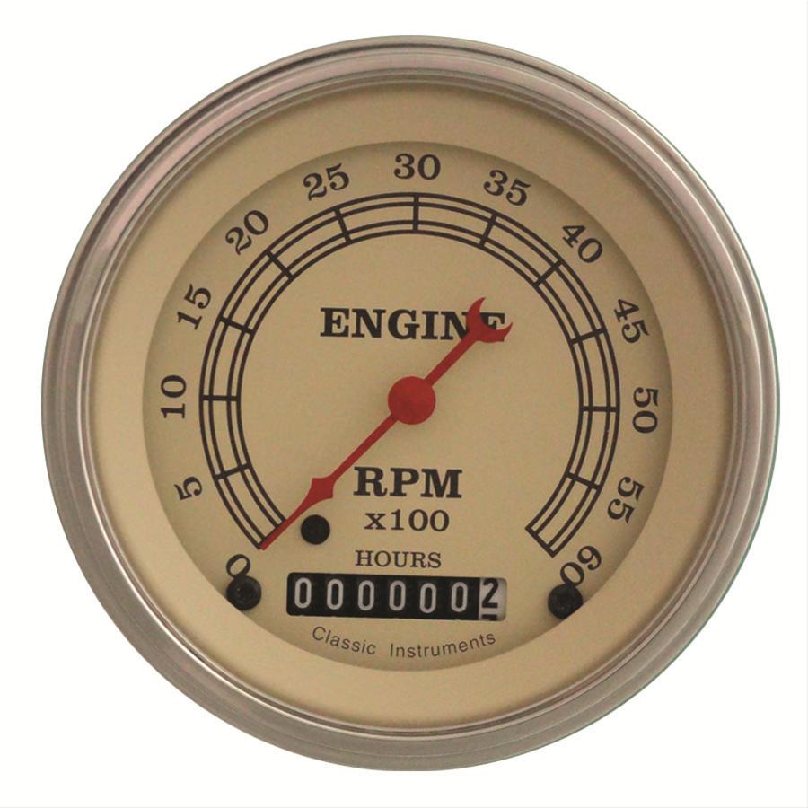 Classic Instruments Vintage Series Tachometers VT60HSLF Gauges, Tachometers, 0-6,000 rpm, Analog, Electrical, 3 3/8 in., Cream Face, Black Numbers, Stainless Color Bezel, Flat Glass Lens,Each