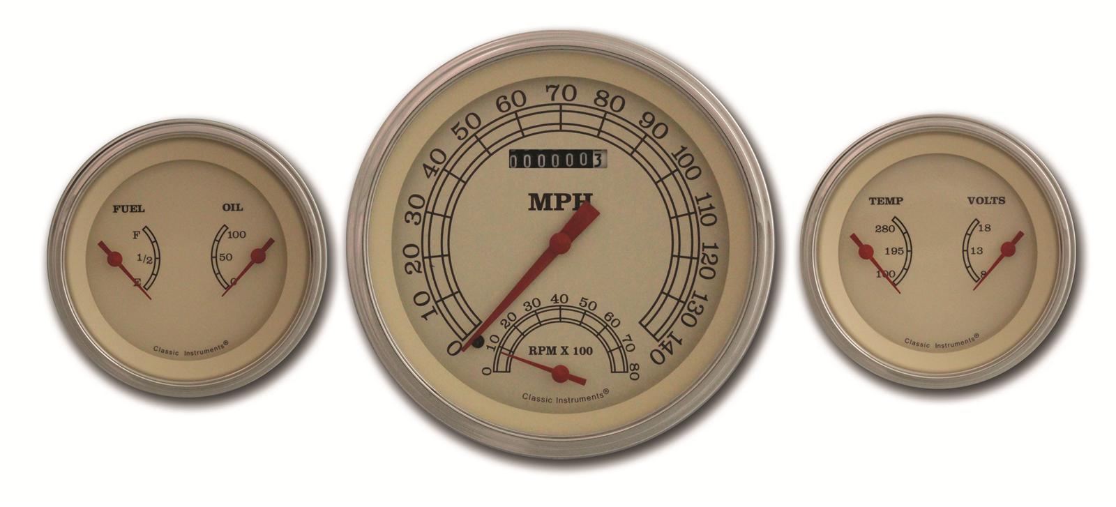 Classic Instruments Vintage Series Gauge Sets VT61SLF Gauges, Series, Speedometer, Tach, Water Temperature, Fuel Level, Cream Face, Analog, Set of 3