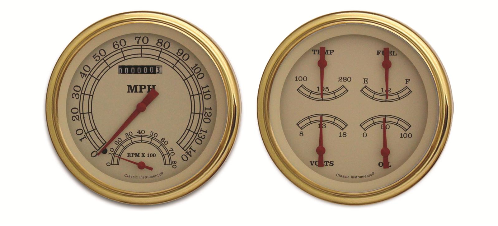 Classic Instruments Vintage Series Gauge Sets VT62GLC Gauge, Vintage, Analog, Electronic, Speedo, Tach, Fuel, Oil, Volt, Water, 5 in Diameter, Cream Face/Gold
