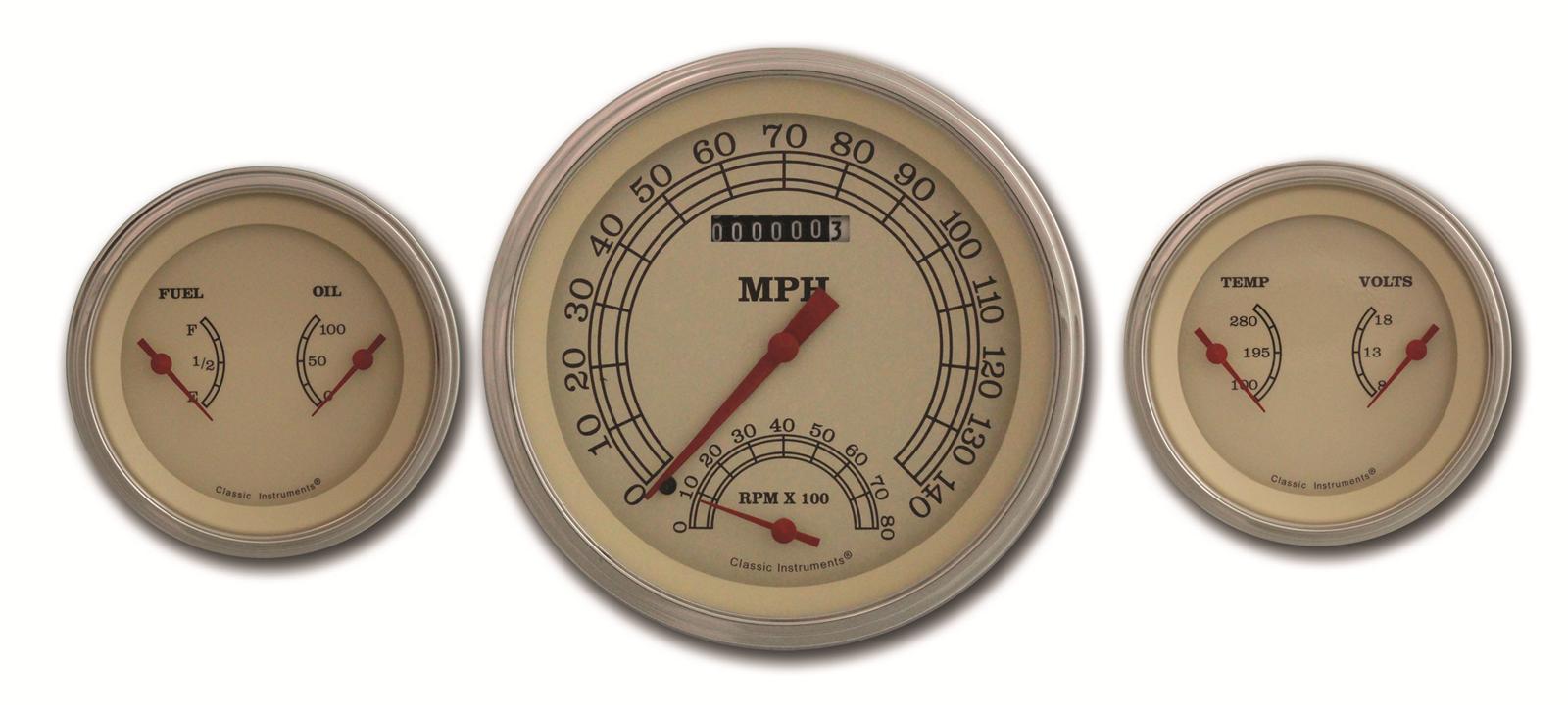 Classic Instruments Vintage Series Gauge Sets VT64SLC Set, Series, Analog, Electronic, Black Face, Red Pointer, Gold Bezel, Curved Lens, Set thumbnail 2