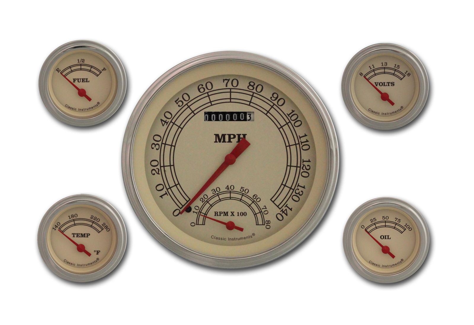 Classic Instruments Vintage Series Gauge Sets VT65SLC Gauges, Vintage, Speedometer, Tach, Water Temperature, Oil Pressure, Fuel Level, Cream Face, Analog, Set of 5