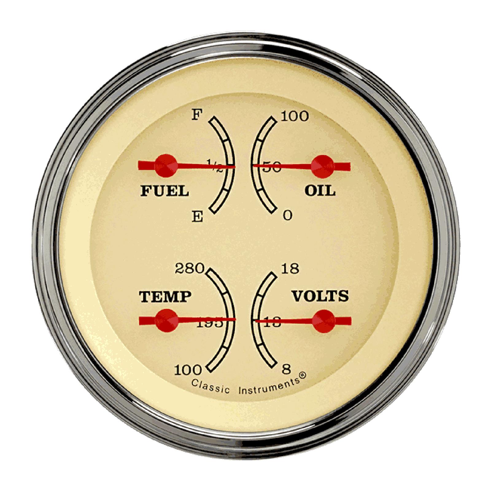 Classic Instruments Vintage Series Gauge Sets VT73SLF Gauge, Series, Quad, Water Temperature, Oil Pressure, Fuel Level, 3 3/8 in., Cream Face, Analog, Each
