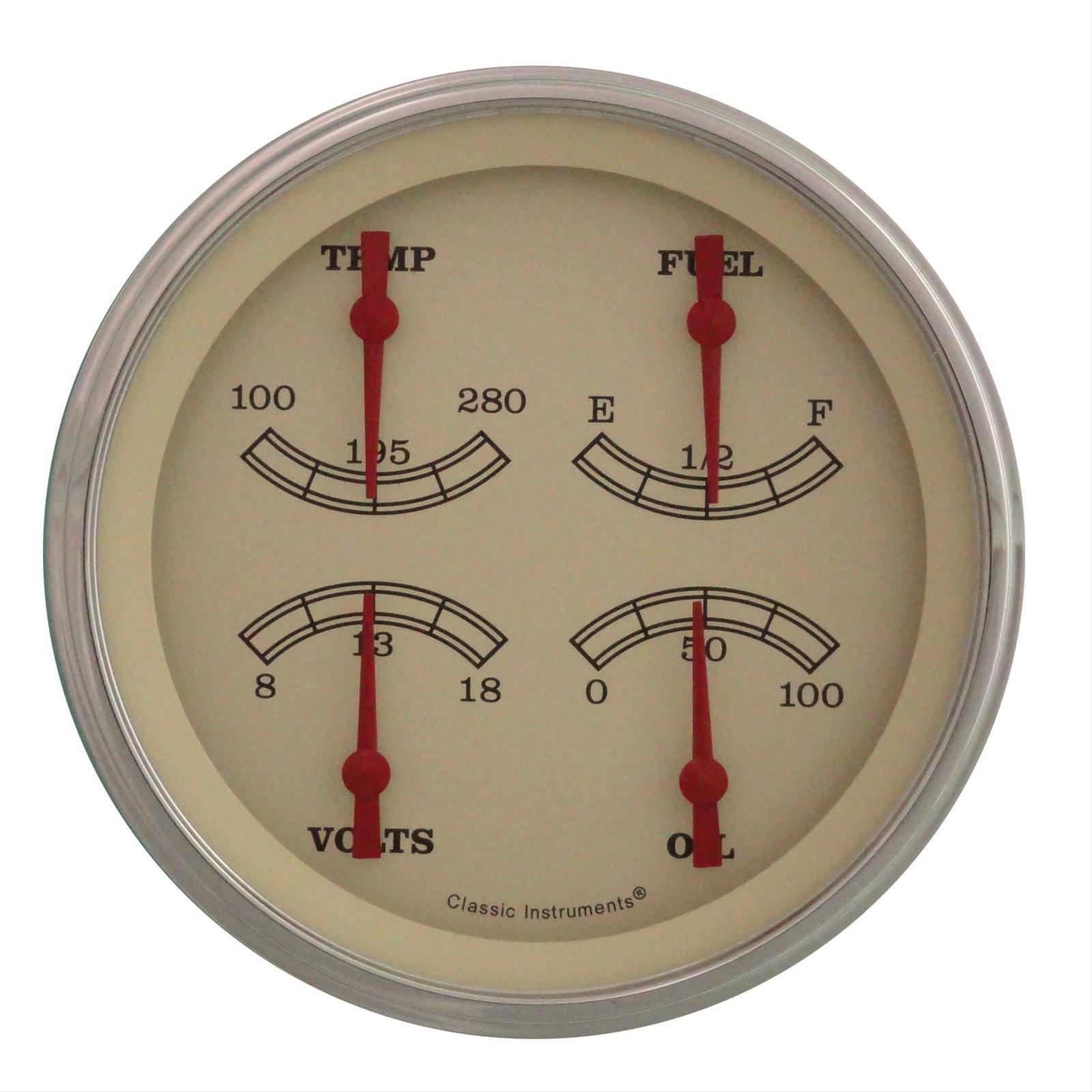 Classic Instruments Vintage Series Gauge Sets VT73SLC Gauge, Series, Quad, Water Temperature, Oil Pressure, Fuel Level, 3 3/8 in., Cream Face, Analog, Each
