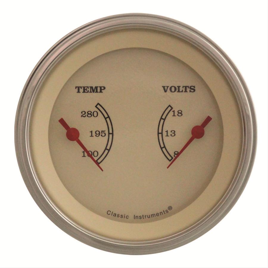 Classic Instruments Vintage Series Gauge Sets VT74SLF Gauge, Series, Dual, Water Temperature, Voltmeter, 3 3/8 in., Cream Face, Analog, Each