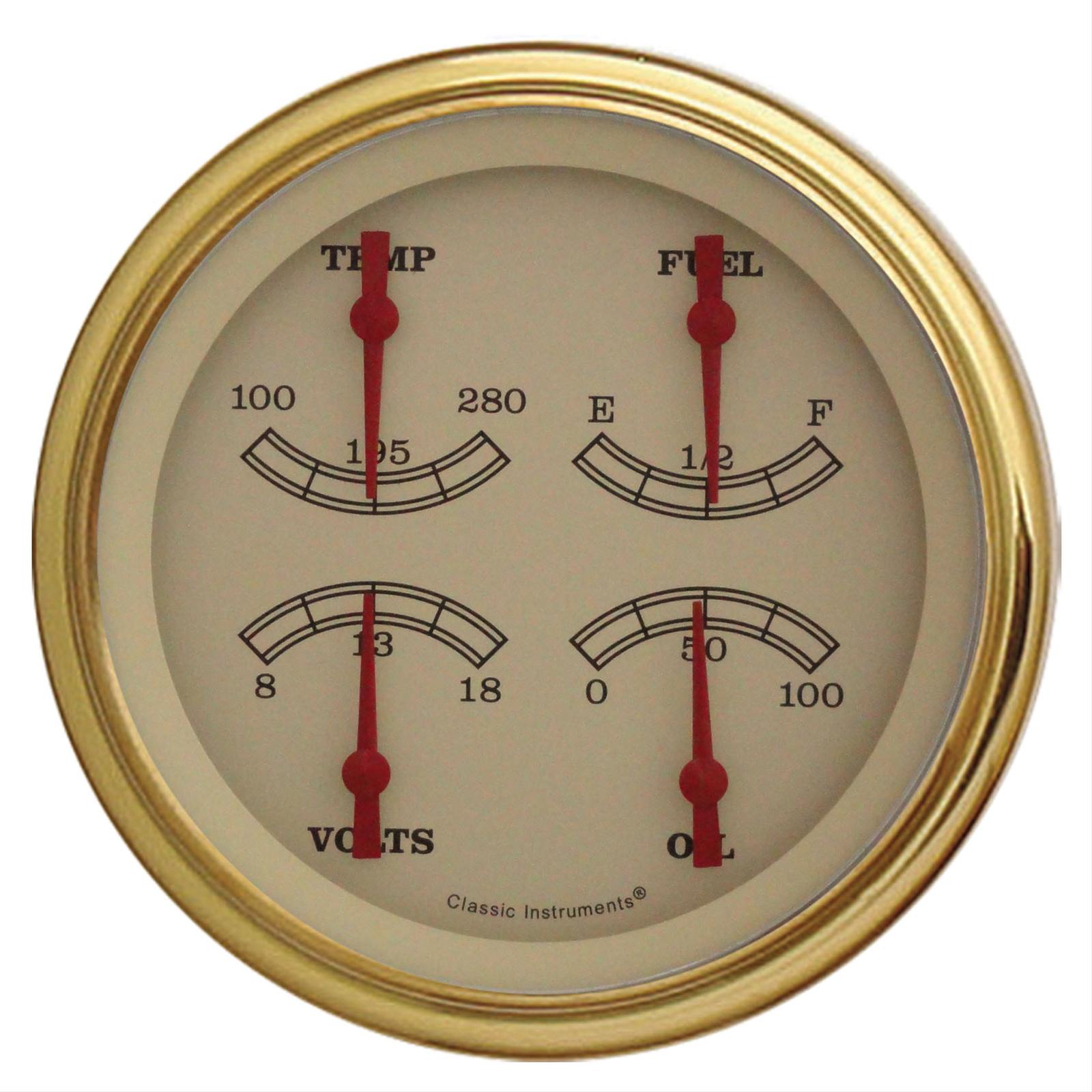 Classic Instruments Vintage Series Gauge Sets VT75GLC Gauge, Series, Quad, Water Temperature, Oil Pressure, Fuel Level, 5 in., Cream Face, Analog, Each