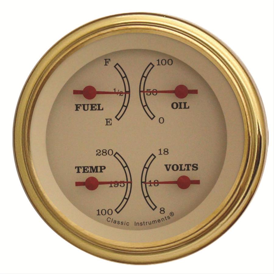 Classic Instruments Vintage Series Gauge Sets VT76GLF Gauge, Series, Quad, Water Temperature, Oil Pressure, Fuel Level, 3 3/8 in., Cream Face, Analog, Each