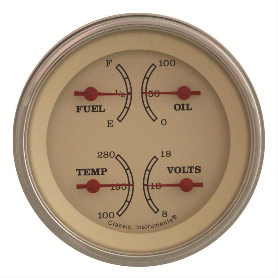 Classic Instruments Vintage Series Gauge Sets VT77SLC Gauge, Series, Quad, Water Temperature, Oil Pressure, Fuel Level, 3 3/8 in., Cream Face, Analog, Each