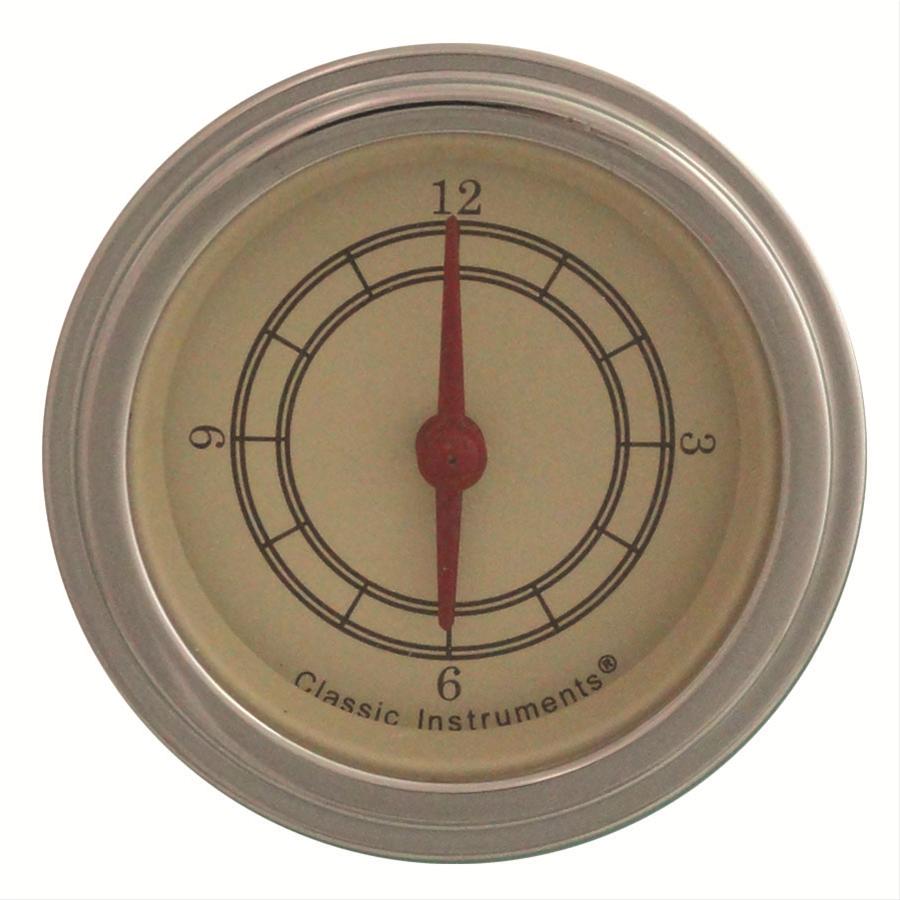 Classic Instruments Vintage Series Gauges VT90SLF Gauge, Series, Clock, 12 hours, 2 1/8 in., Tan Face, Analog, Electronic, Red Pointer, Stainless Steel Bezel, Each