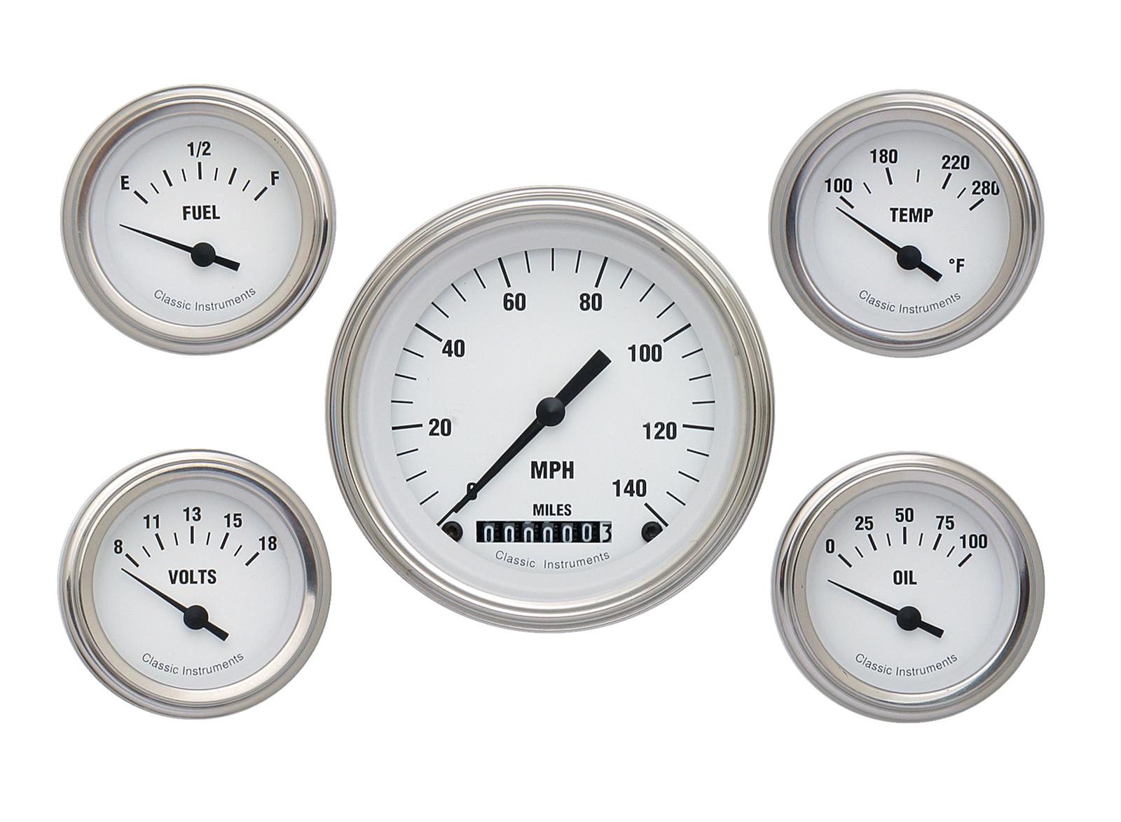 Classic Instruments White Hot Series Gauge Sets WH00SLC Gauges, Series, Speedometer, Oil Pressure, Water Temperature, Face, Analog, Set of 5
