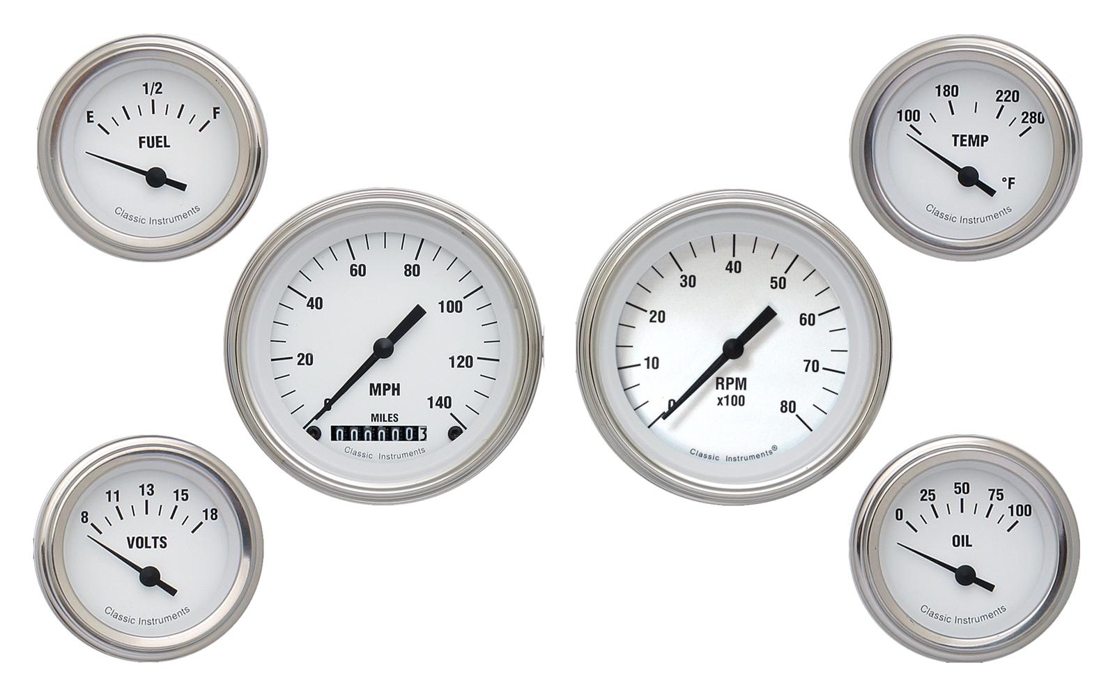 Classic Instruments White Hot Series Gauge Sets WH01SLC Gauges, Series, Speedometer, Tachometer, Oil Pressure, Voltmeter, Face, Analog, Set of 6
