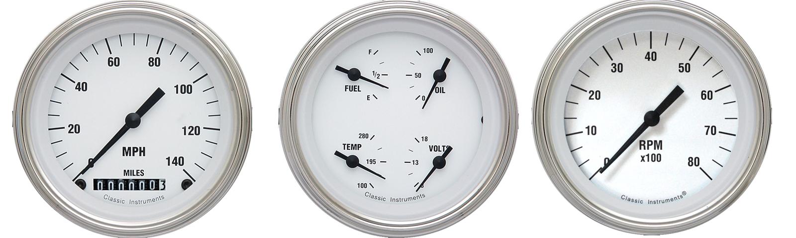 Classic Instruments White Hot Series Gauge Sets WH03SLF Gauges, Hot, Speedometer, Tach, Water Temperature, Fuel Level, 3 3/8 in., Face, Analog, Set of 3