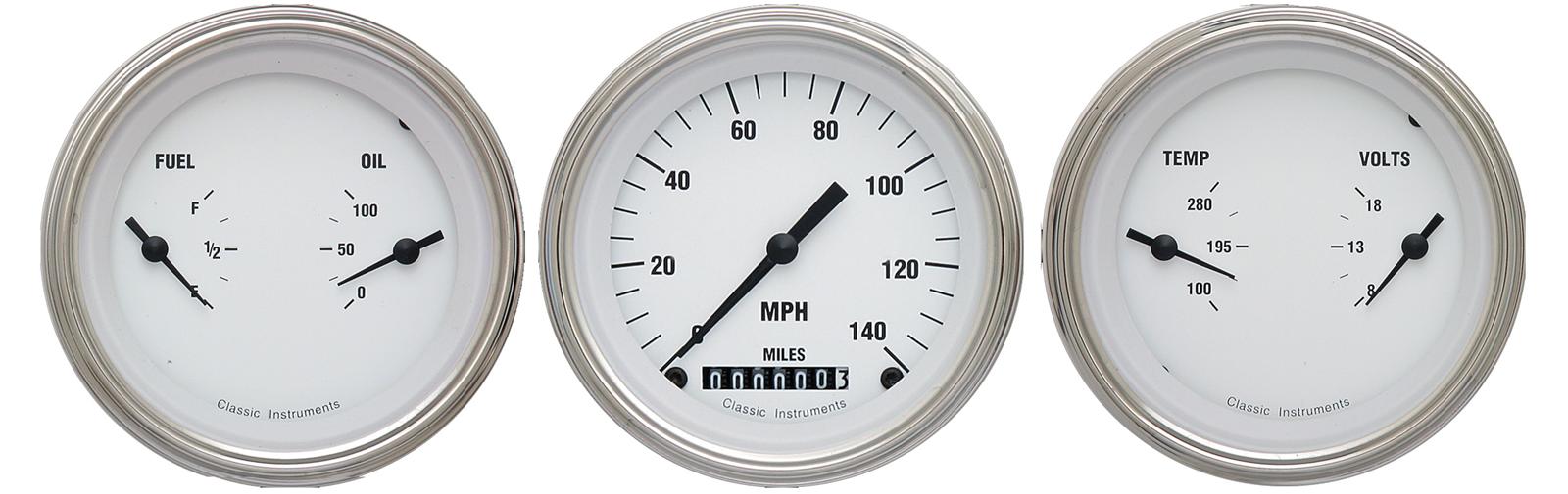 Classic Instruments White Hot Series Gauge Sets WH04SLF Gauges, Series, Speedometer, Water Temperature, Fuel Level, 3 3/8 in., Face, Analog, Set of 3