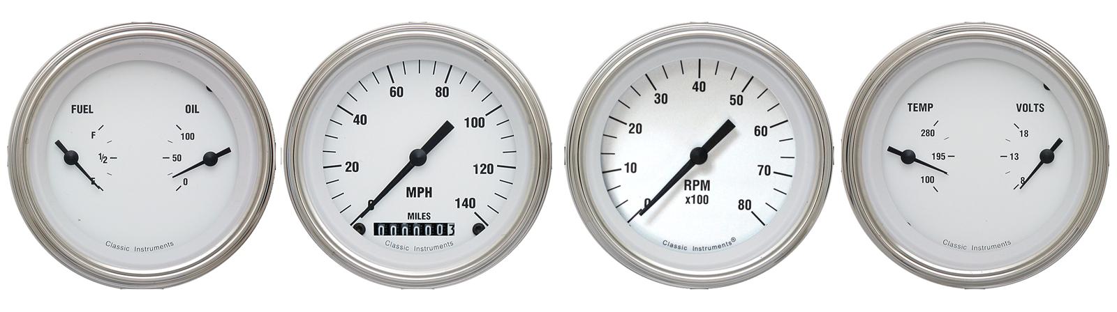 Classic Instruments White Hot Series Gauge Sets WH05SLF Gauges, Hot, Speedometer, Tach, Water Temperature, Fuel Level, 3 3/8 in., Face, Analog, Set of 4
