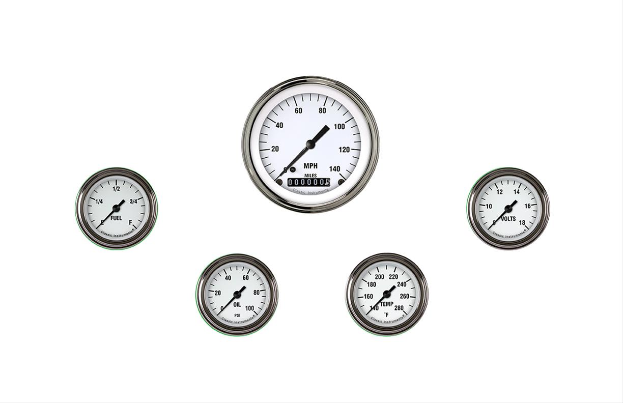 Classic Instruments White Hot Series Gauge Sets WH100SLF Gauges, Series, Speedometer, Water Temperature, Oil Pressure, Fuel Level, Volt, Face, Analog, Set of 5