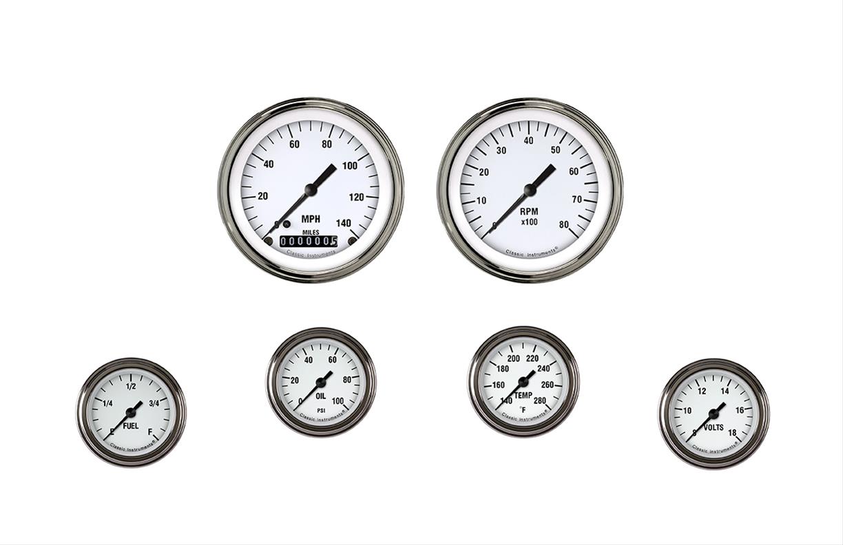 Classic Instruments White Hot Series Gauge Sets WH101SLF Gauges, Series, Speedometer, Tachometer, Water Temperature, Oil Pressure, Fuel Level, Volt, Face, Analog, Set of 6