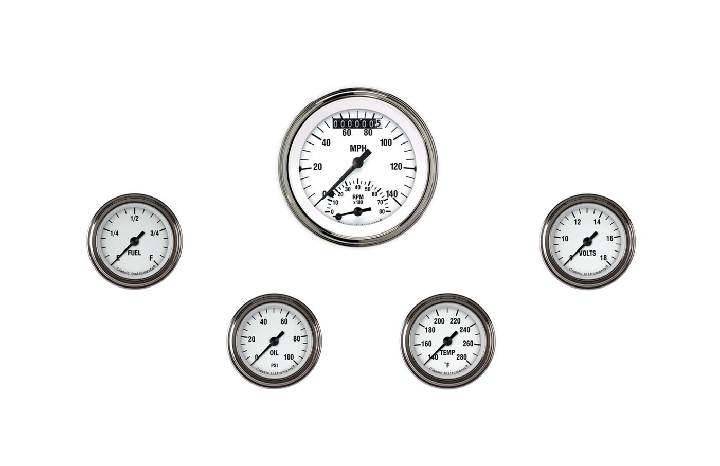 Classic Instruments White Hot Series Gauge Sets WH135SLF Set, Hot, 3 3/8 in. Tachometer, Speedometer, 2 1/8 in. Fuel, Oil, Temp, Volts, Set of 5