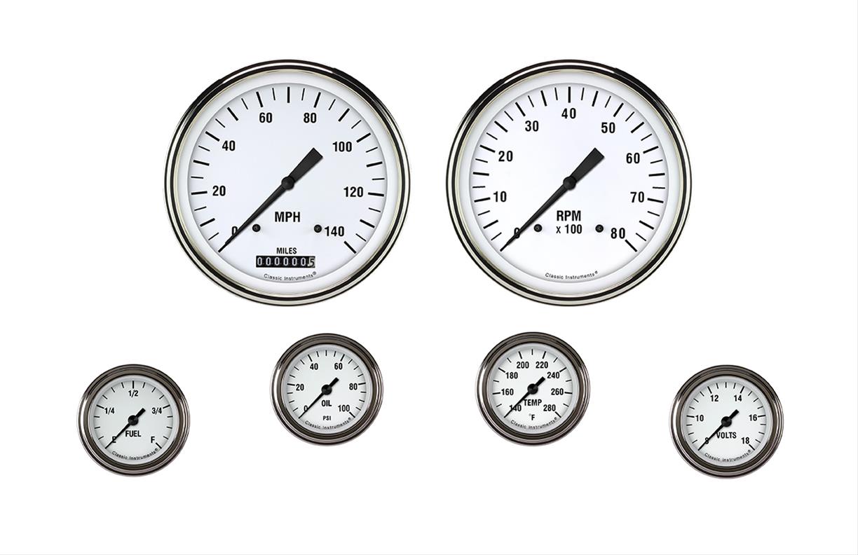 Classic Instruments White Hot Series Gauge Sets WH151SLF Gauges, Series, Speedometer, Tachometer, Water Temperature, Oil Pressure, Fuel Level, Volt, Face, Analog, Set of 6