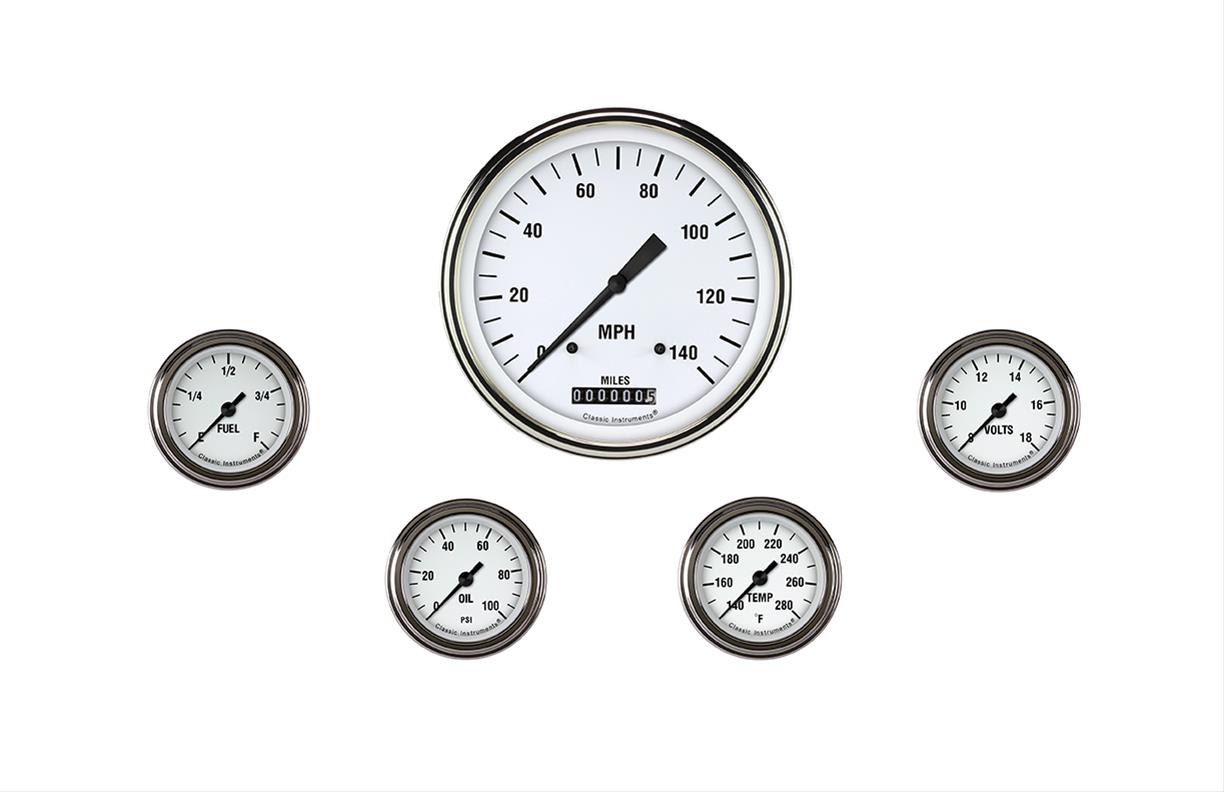 Classic Instruments White Hot Series Gauge Sets WH154SLF Gauges, Series, Speedometer, Water Temperature, Oil Pressure, Fuel Level, Volt, Face, Analog, Set of 5