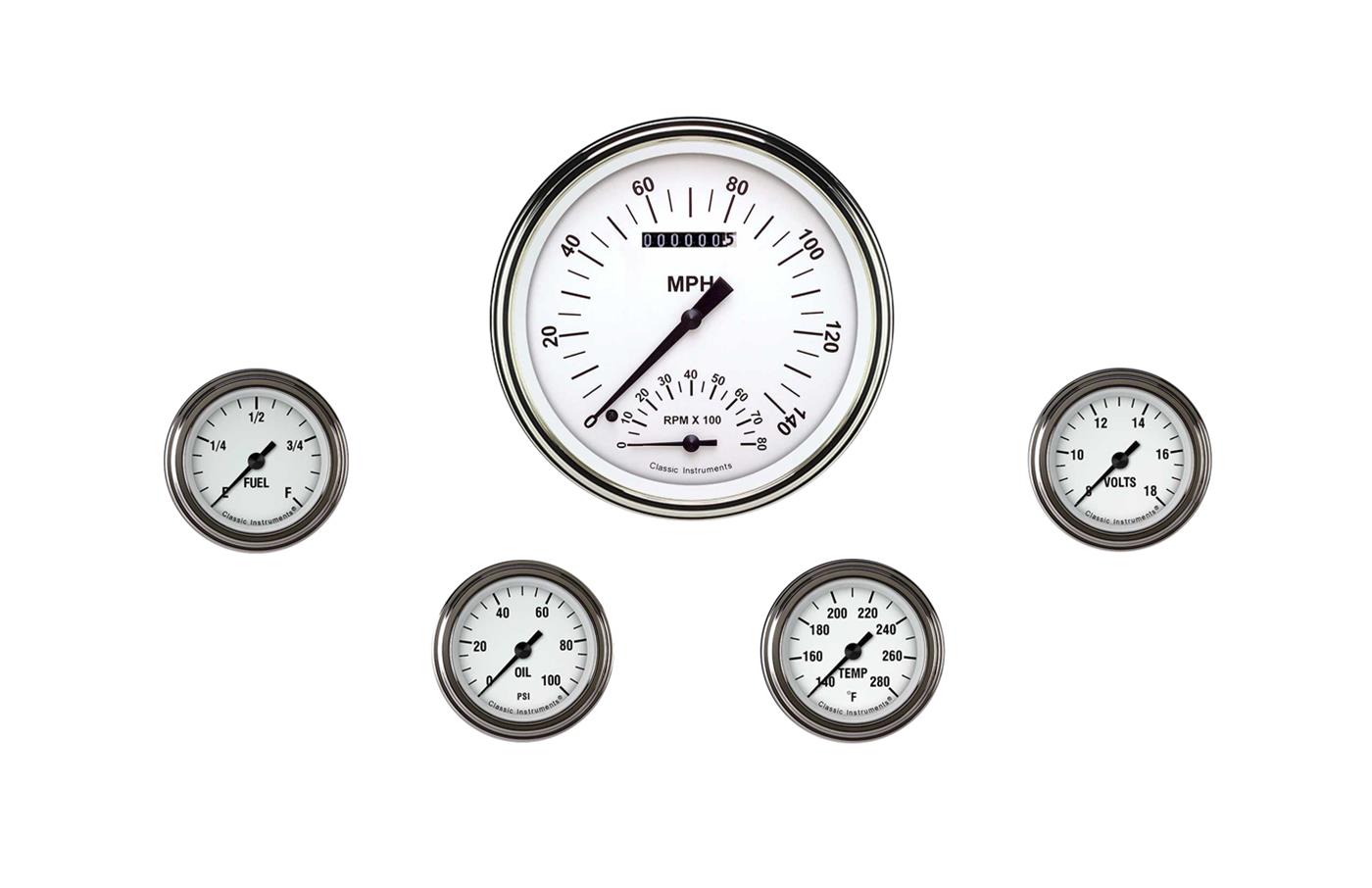 Classic Instruments White Hot Series Gauge Sets WH165SLF Set, Hot, 4 5/8 in. Tachometer, Speedometer, 2 1/8 in. Fuel, Oil, Temp, Volts, Set of 5