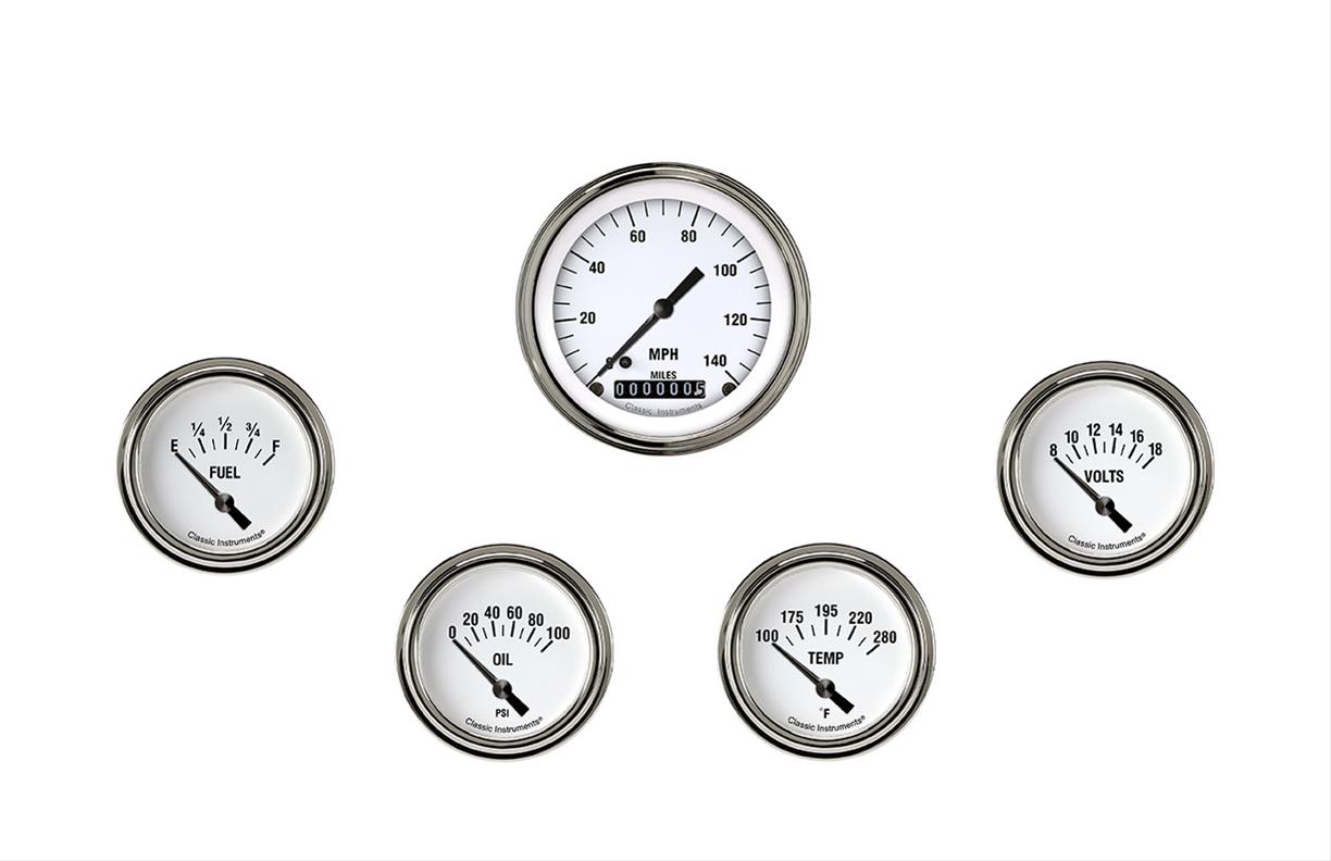 Classic Instruments White Hot Series Gauge Sets WH200SLF Gauges, Series, Speedometer, Water Temperature, Oil Pressure, Fuel Level, Volt, Face, Analog, Set of 5