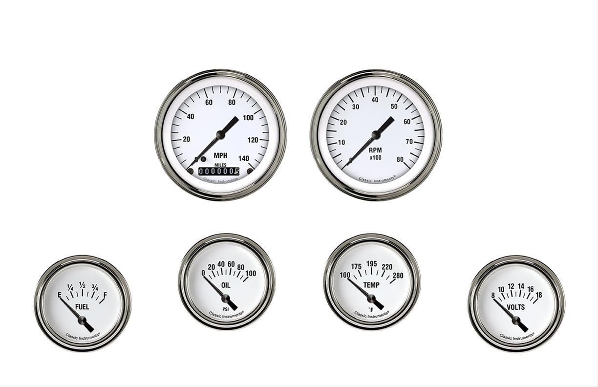 Classic Instruments White Hot Series Gauge Sets WH201SLF Set, Analog, Performance Series, 6-Gauge Set, 3 3/8 in. Speedo, 2 5/8 in. Secondary, Face, Each