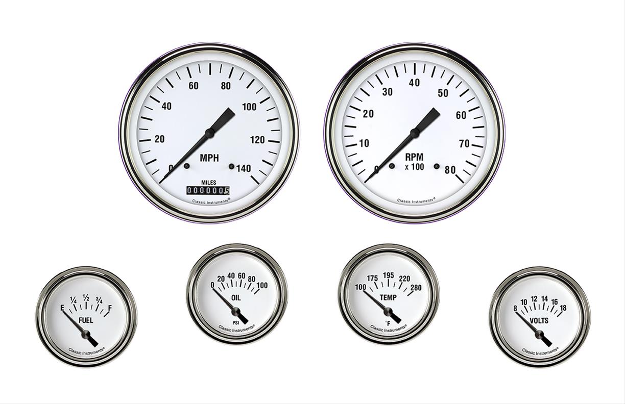 Classic Instruments White Hot Series Gauge Sets WH251SLF Gauges, Series, Speedometer, Tachometer, Water Temperature, Oil Pressure, Fuel Level, Volt, Face, Analog, Set of 6
