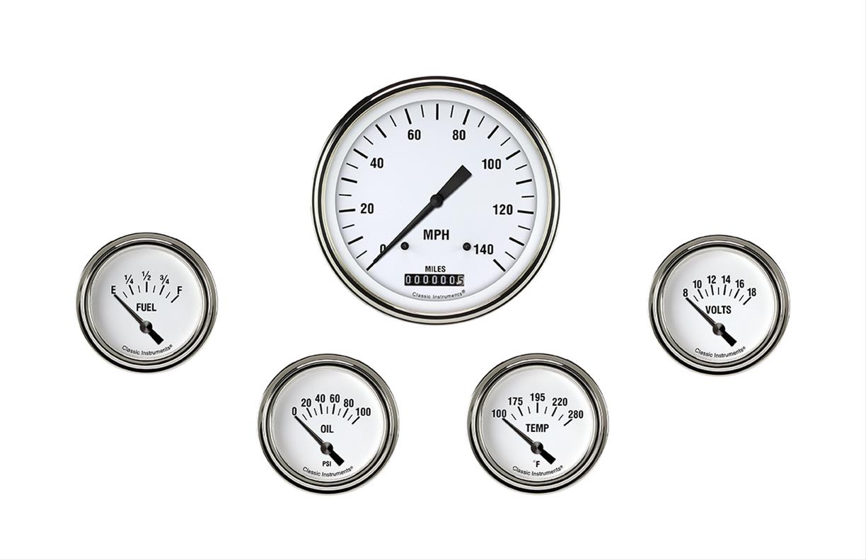 Classic Instruments White Hot Series Gauge Sets WH254SLF Gauges, Series, Speedometer, Water Temperature, Oil Pressure, Fuel Level, Volt, Face, Analog, Set of 5