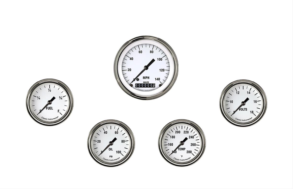 Classic Instruments White Hot Series Gauge Sets WH300SLF Gauges, Series, Speedometer, Water Temperature, Oil Pressure, Fuel Level, Volt, Face, Analog, Set of 5