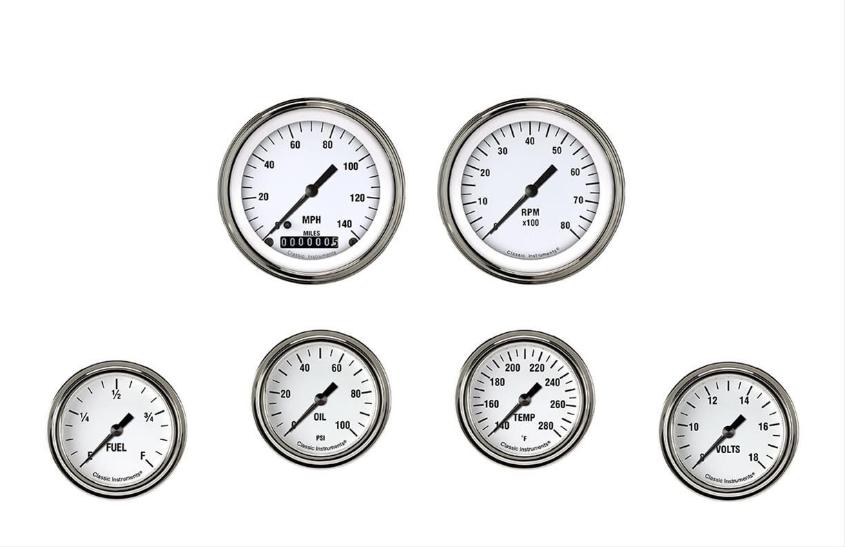 Classic Instruments White Hot Series Gauge Sets WH301SLF Gauges, Series, Speedometer, Tachometer, Water Temperature, Oil Pressure, Fuel Level, Volt, Face, Analog, Set of 6