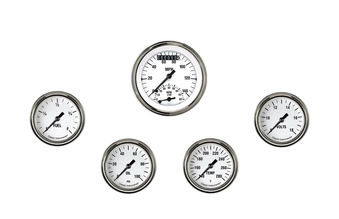 Classic Instruments White Hot Series Gauge Sets WH335SLF Set, Hot, 3 3/8 in. Tachometer, Speedometer, 2 5/8 in. Fuel, Oil, Temp, Volts, Set of 5