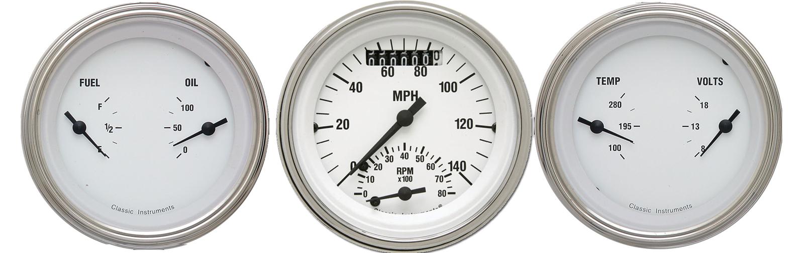 Classic Instruments White Hot Series Gauge Sets WH34SLC Gauges, Hot, Speedometer, Tach, Water Temperature, Fuel Level, 3 3/8 in., Face, Analog, Set of 3