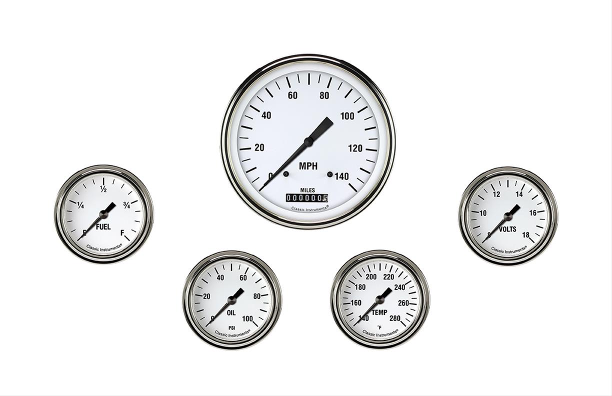 Classic Instruments White Hot Series Gauge Sets WH354SLF Gauges, Series, Speedometer, Water Temperature, Oil Pressure, Fuel Level, Volt, Face, Analog, Set of 5