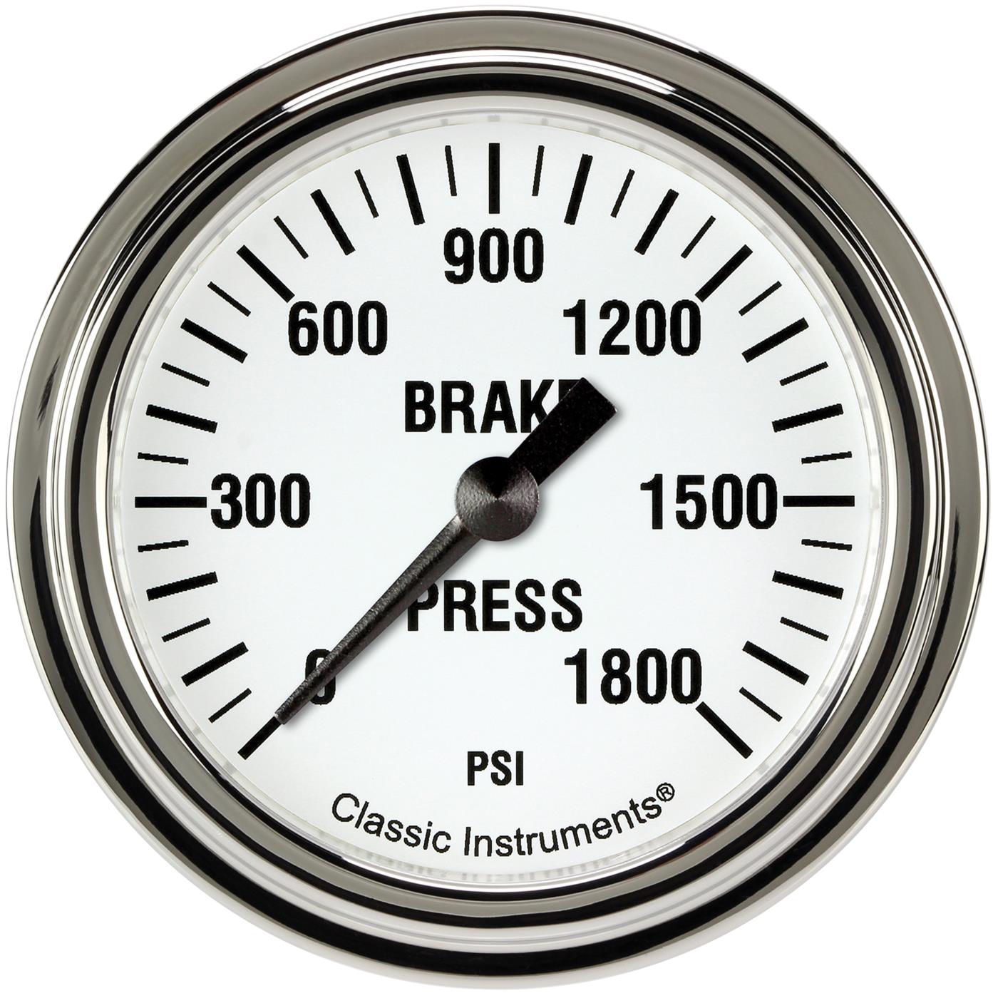Classic Instruments White Hot Series Gauges WH367SLF Gauges, Series, Brake Pressure, 0-1,800 psi, Analog, Electrical, 2 5/8 in., Face, Black Numbers, Stainless Steel Color Bezel, Each