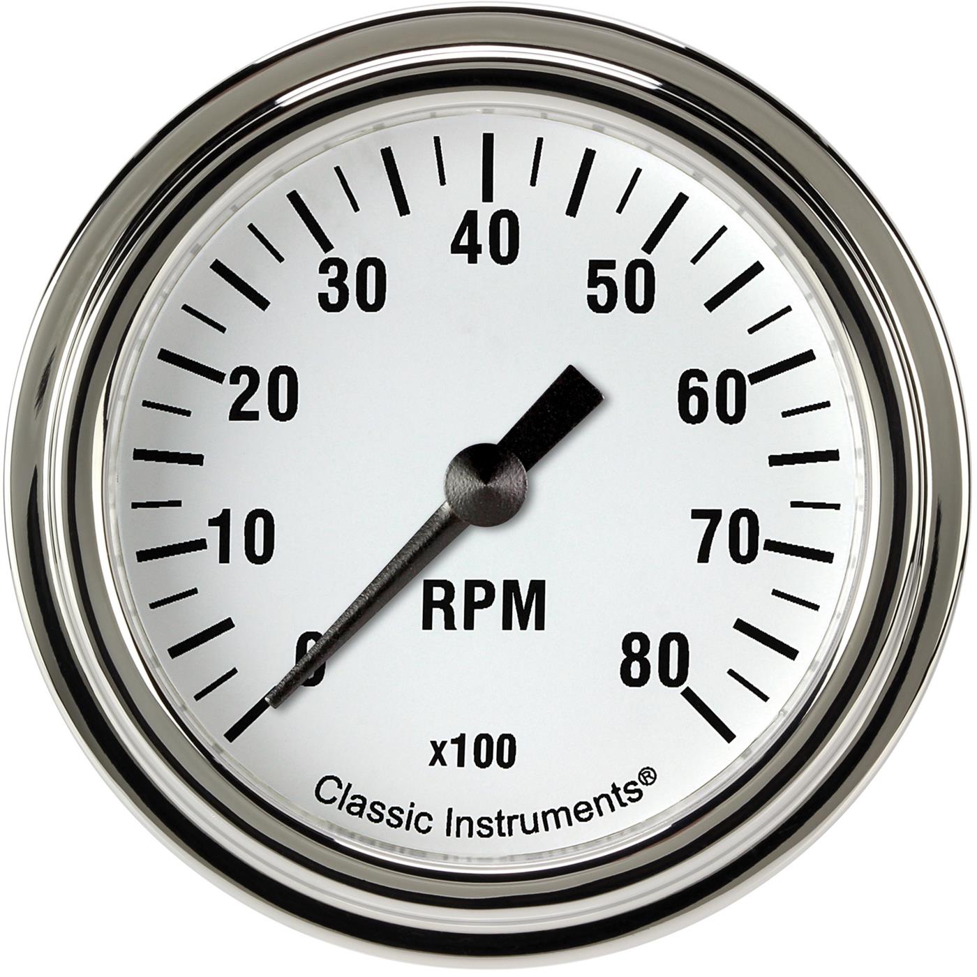 Classic Instruments White Hot Series Tachometers WH383SLF Gauges, Tachometers, 0-8,000 rpm, Analog, Electrical, 2 5/8 in. Diameter, Face, Black Numbers, Stainless Color Bezel, Each