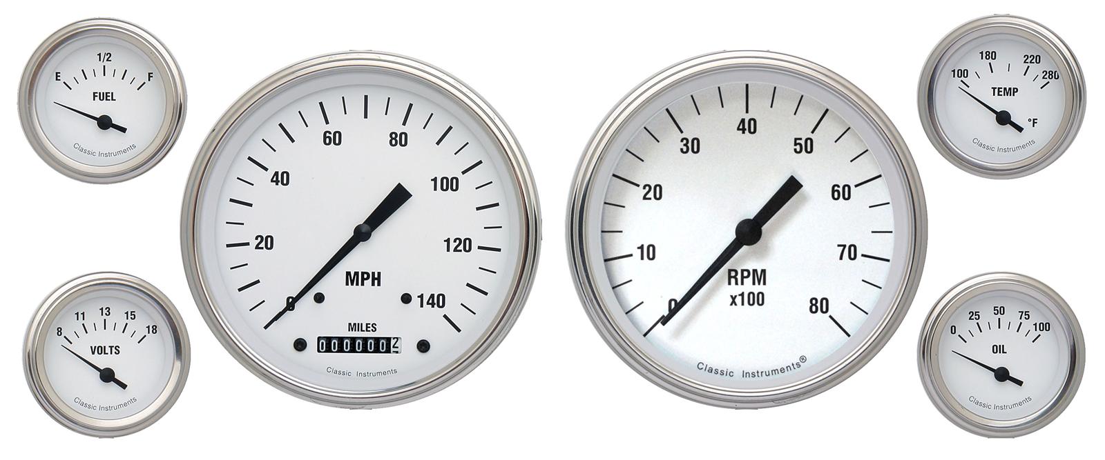 Classic Instruments White Hot Series Gauge Sets WH51SLF Gauges, Series, Speedometer, Tachometer, Oil Pressure, Fuel Level, Face, Analog, Set of 6