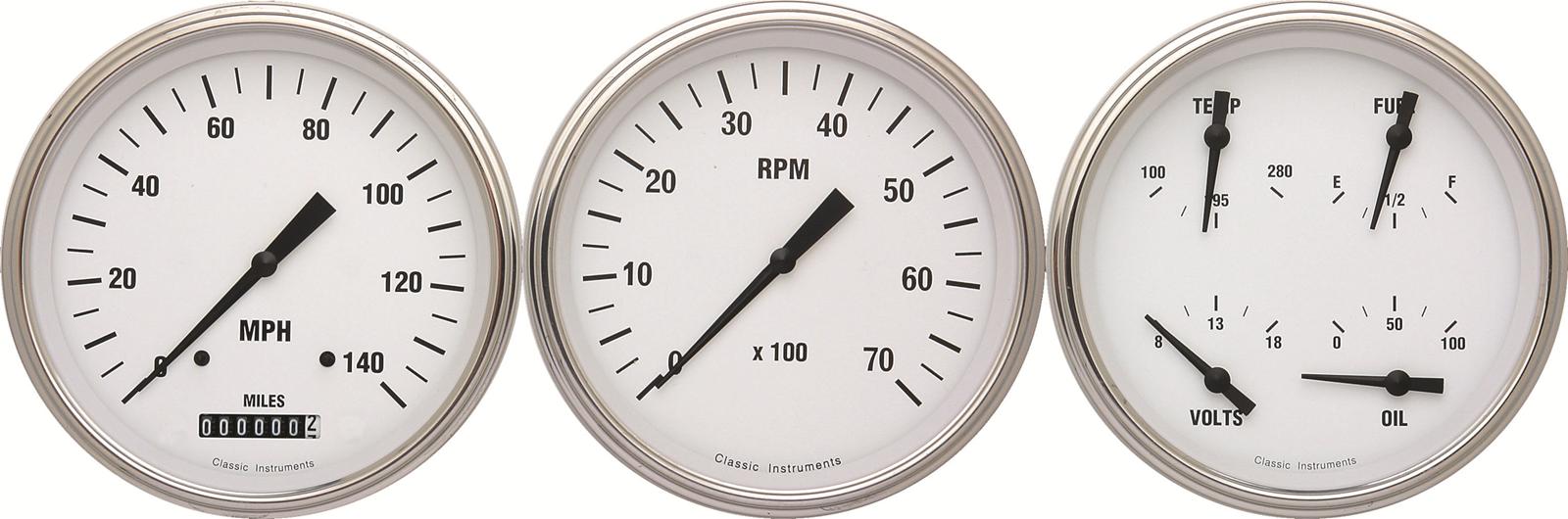Classic Instruments White Hot Series Gauge Sets WH53SLC Gauges, Hot, Speedometer, Tach, Water Temperature, Fuel Level, 5 in., Face, Analog, Set of 3