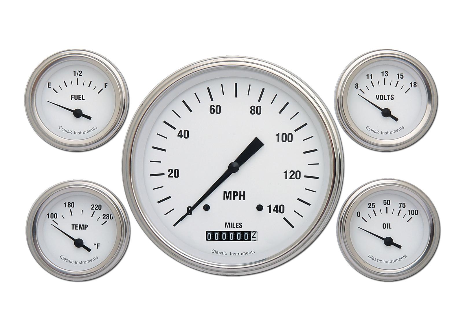 Classic Instruments White Hot Series Gauge Sets WH54SLF Gauges, Hot, Speedometer, Water Temperature, Oil Pressure, Fuel Level, Face, Analog, Set of 5
